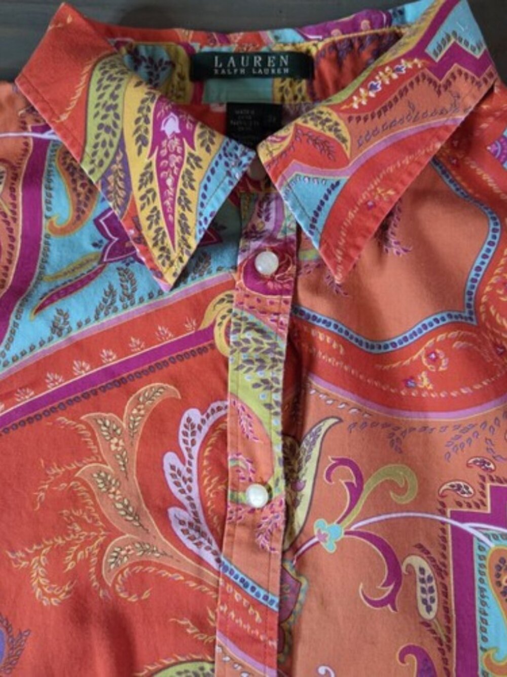 Lauren Ralph Lauren Pink Green Paisley Print Button Down Shirt 3X Cotton